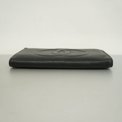 Chanel[3cc2399] Auth  long wallet caviar skin black gold metal