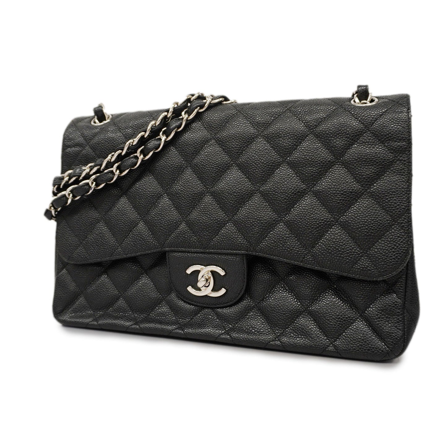ChanelAuth  Matelasse W Flap W Chain Women's Caviar Leather Shoulder Bag Black