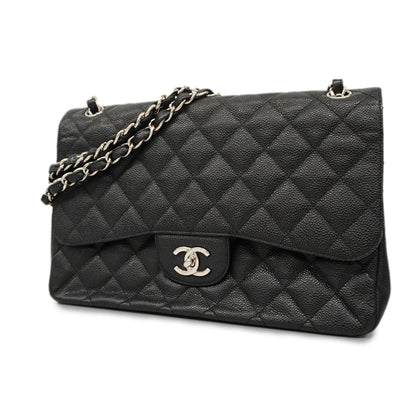 ChanelAuth  Matelasse W Flap W Chain Women's Caviar Leather Shoulder Bag Black