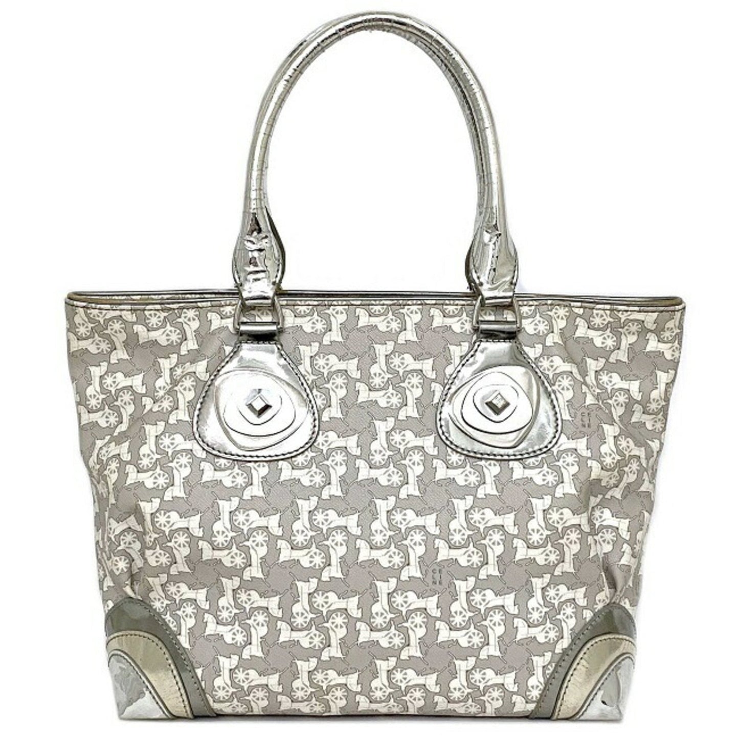 Celine Tote Bag Gray Silver White Salky PVC Leather Celine Carriage Horse Women's Metallic