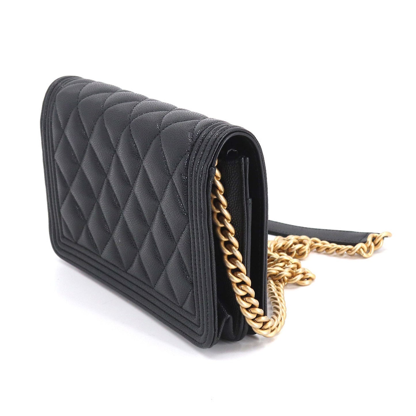 CHANEL Boy  Chain Wallet Long Caviar Skin Black AP1117 Gold Hardware