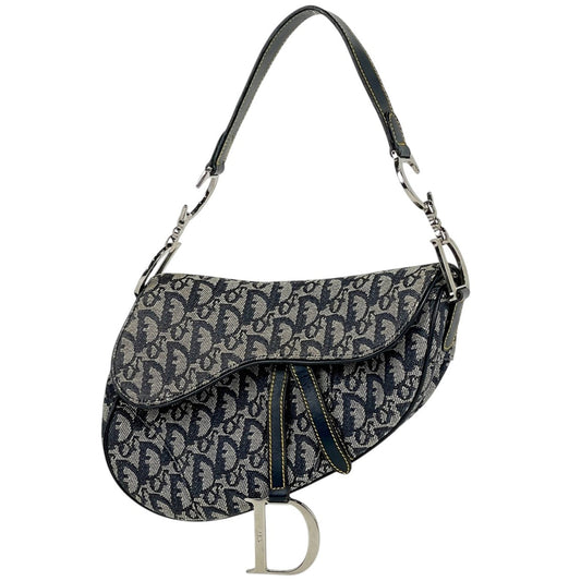 Christian Dior Navy Canvas Leather Handbag Saddle Bag Shoulder Bag ()