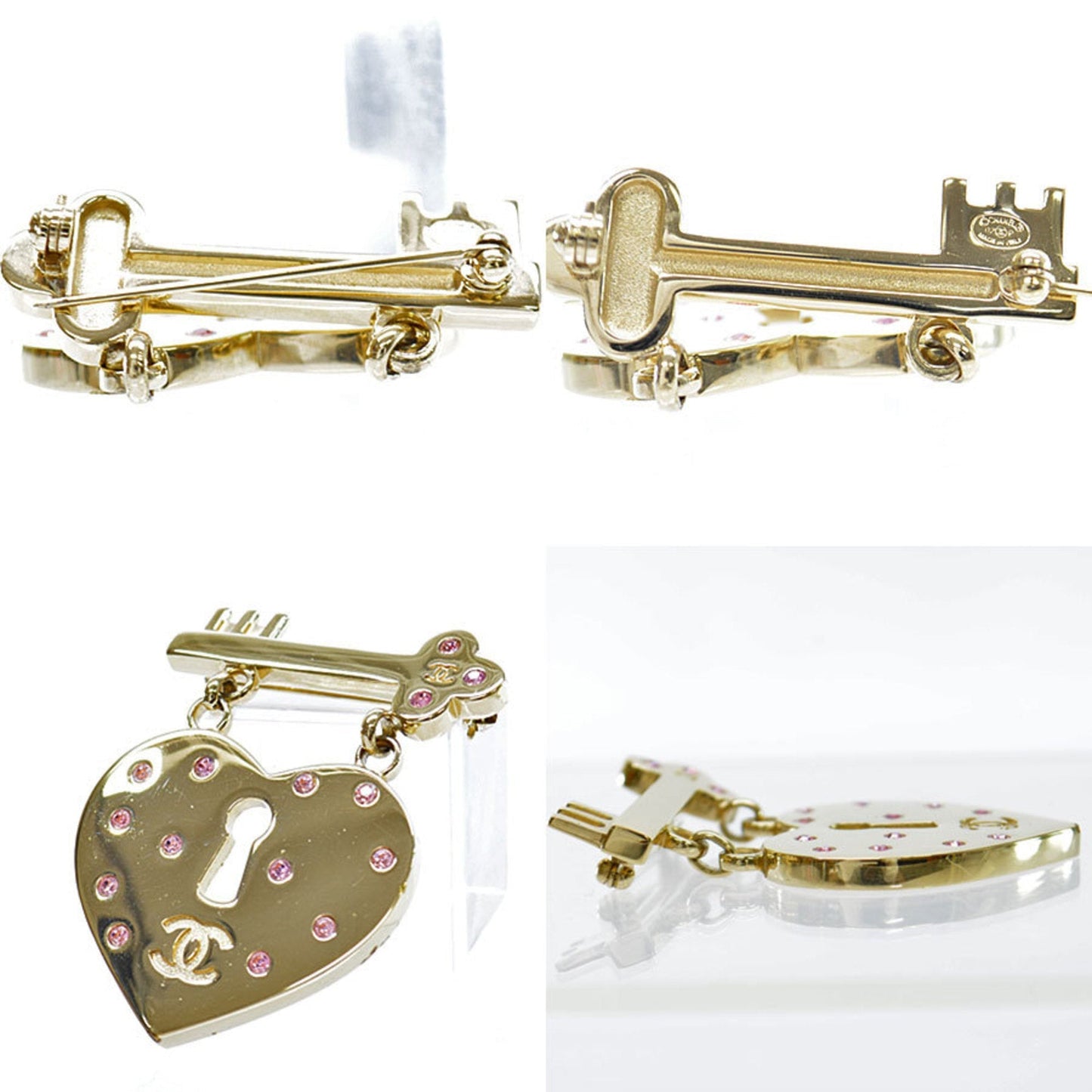 Chanel Brooch Heart Lock Key Gold Pink Rhinestone Pin Ladies