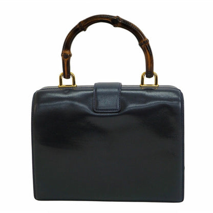 Gucci Old Bamboo Handbag Gold Crest Navy Leather Women's