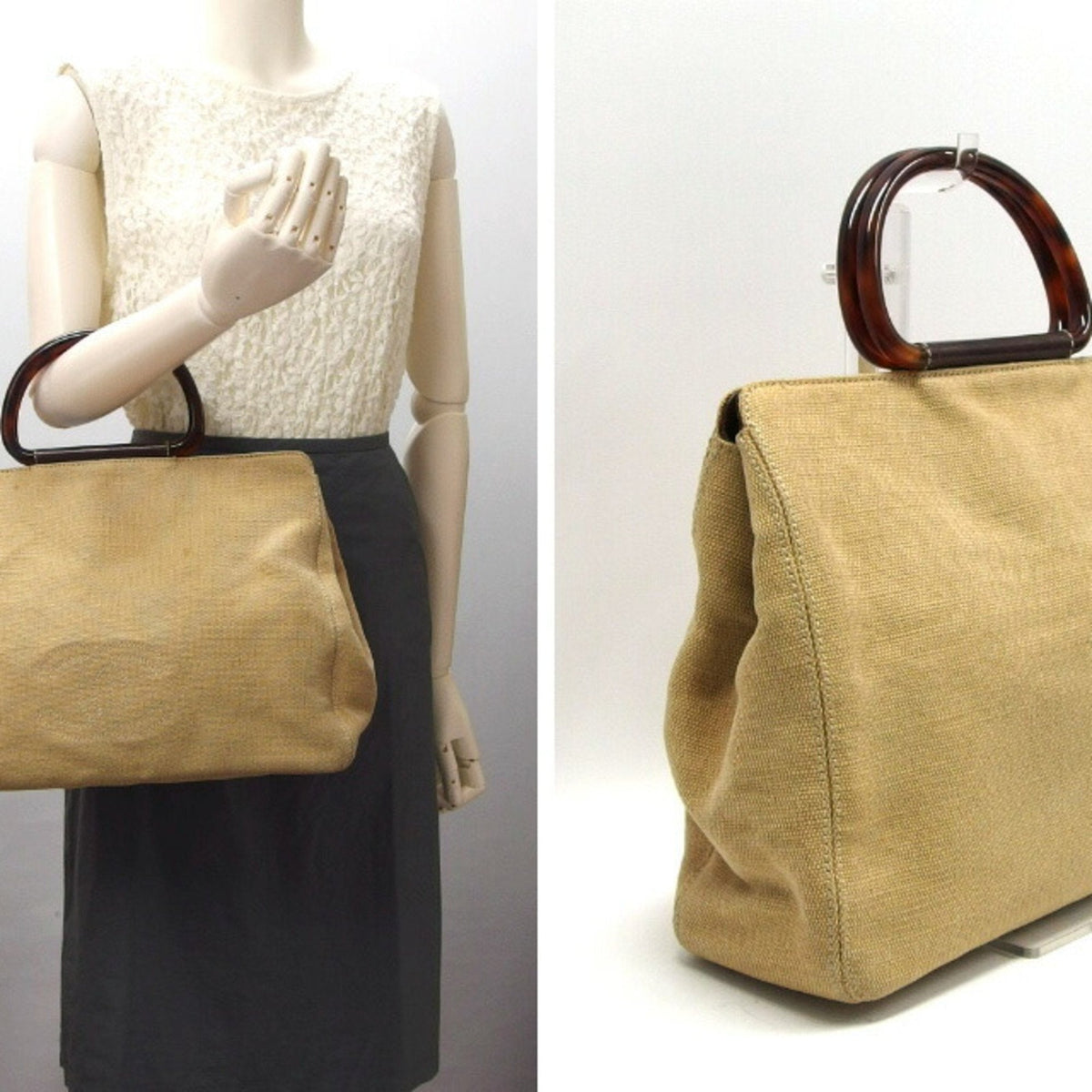 Chanel Tortoiseshell Handle Canvas Tote Coco Mark Beige