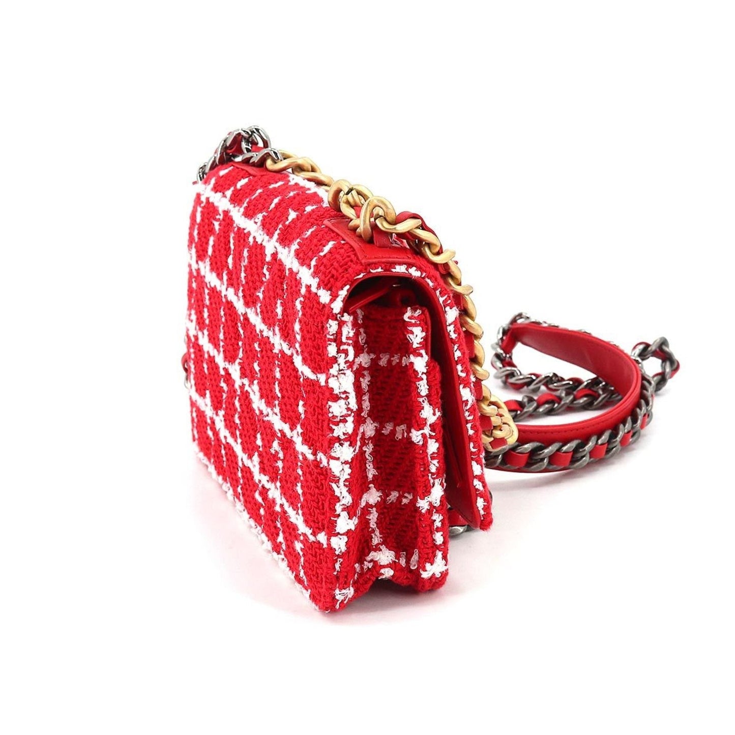 CHANEL 19 Chain Wallet Long Tweed Leather Red White Check AP3267