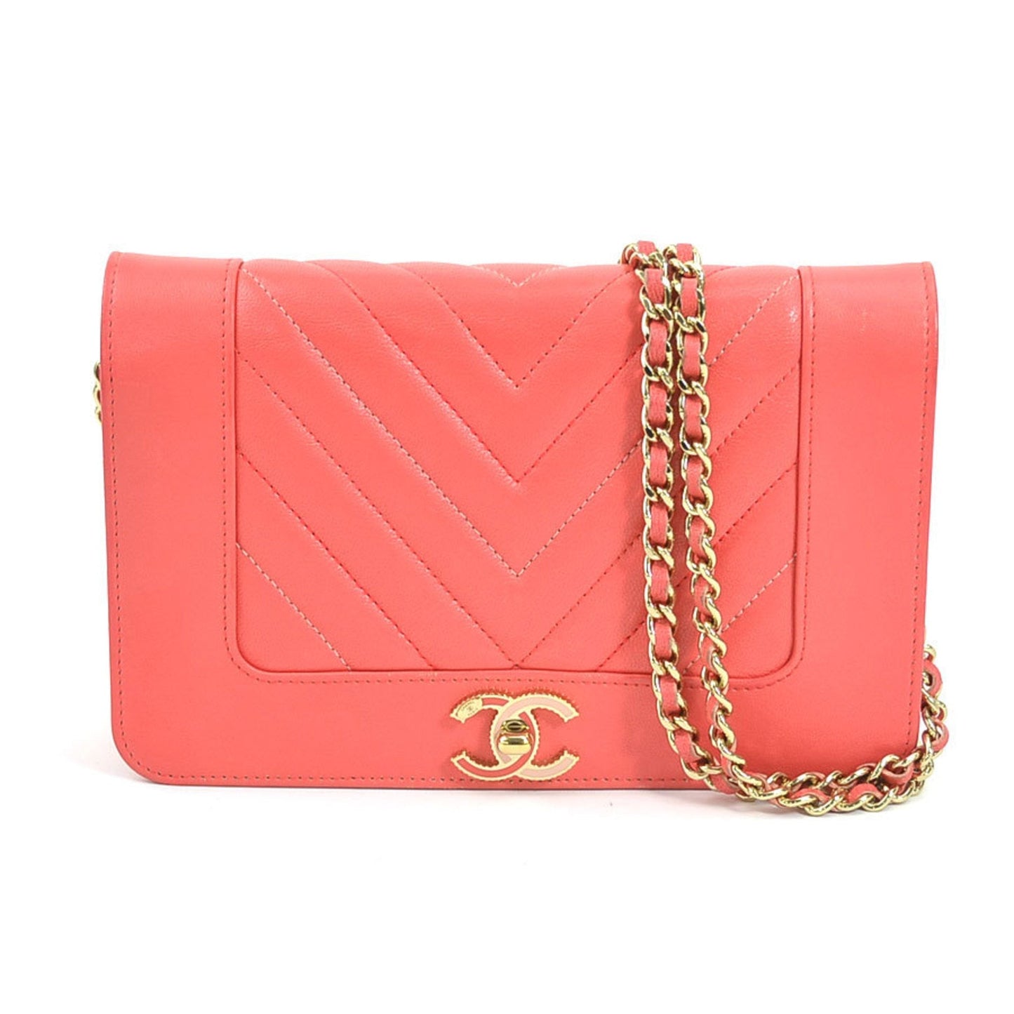 CHANEL Wallet Chain V Stitch Leather/Metal Pink/Gold Ladies