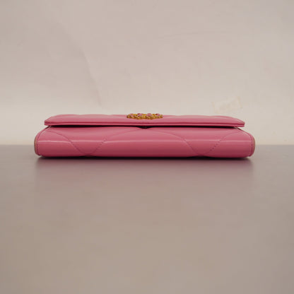 ChanelAuth  19 Gold Hardware Women's Lambskin Long Wallet [bi-fold] Pink
