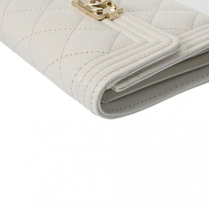 CHANEL Boy Chanel Compact Wallet White Women's Caviar Skin Tri-fold