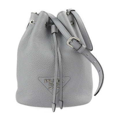 Prada Shoulder Bag 1BE060 Leather Gray Silver Hardware Drawstring Triangle Logo Plate