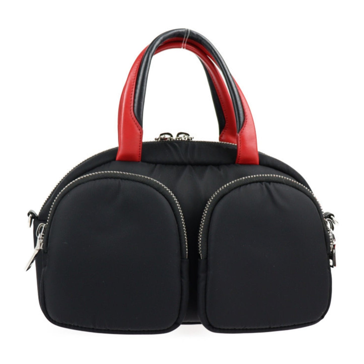 Prada TESSUTO POCKET handBag 1BB062 nylon leather black red silver hardware 2WAY shoulder Bag mini Boston bomber