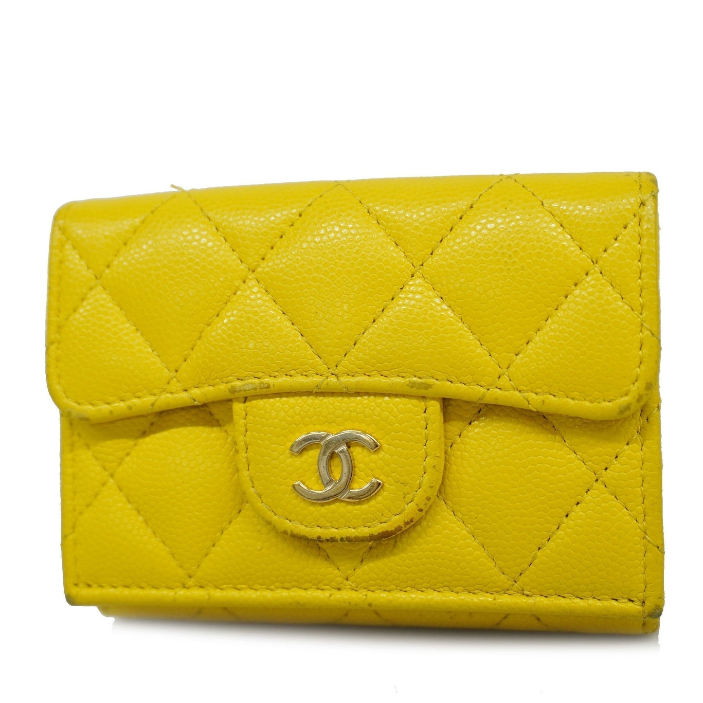 ChanelAuth  Matelasse Tri-fold Wallet Gold Metal Fittings Women's Caviar Leather