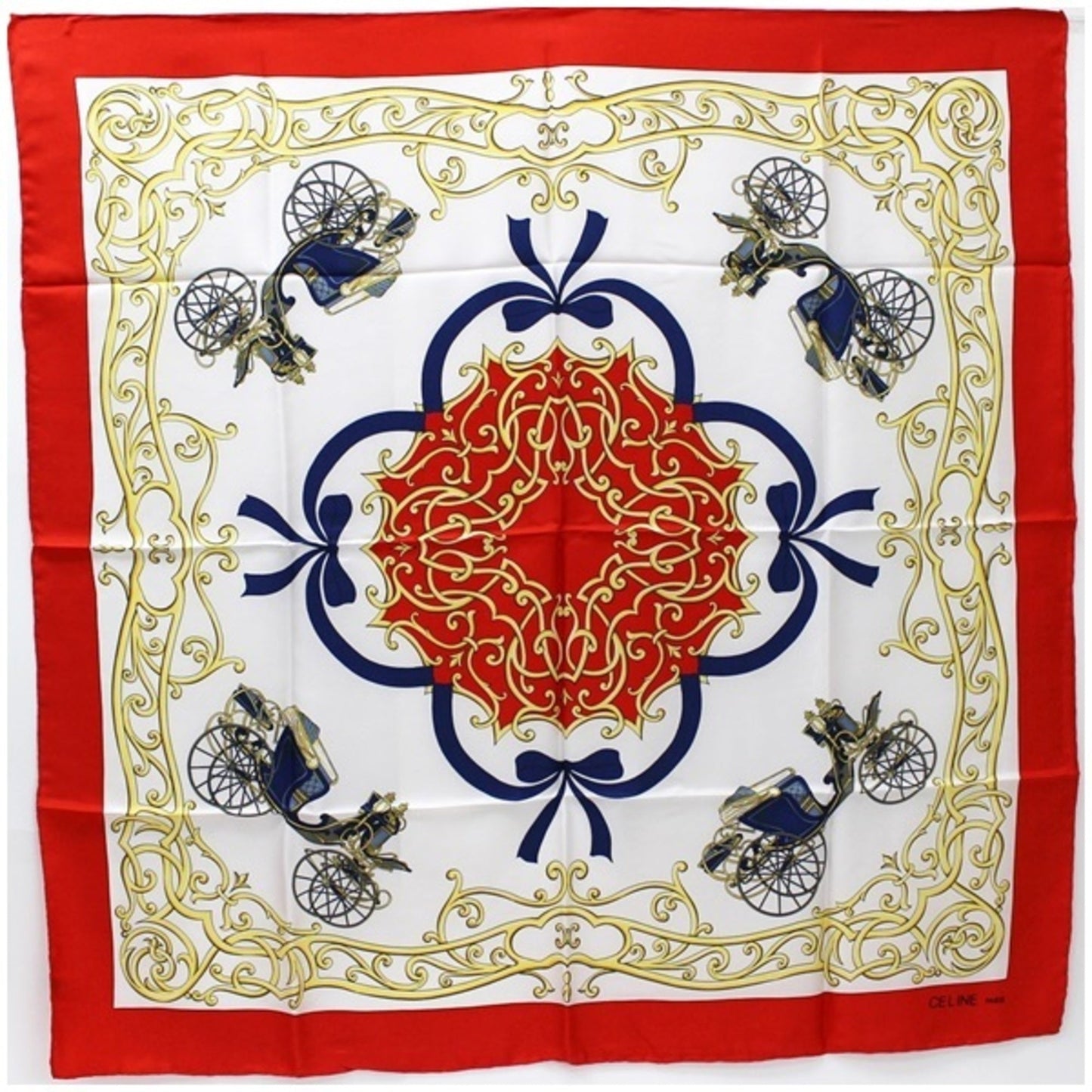 Celine Silk Scarf Muffler Stole Red x White Carriage Pattern  | Ladies Wall