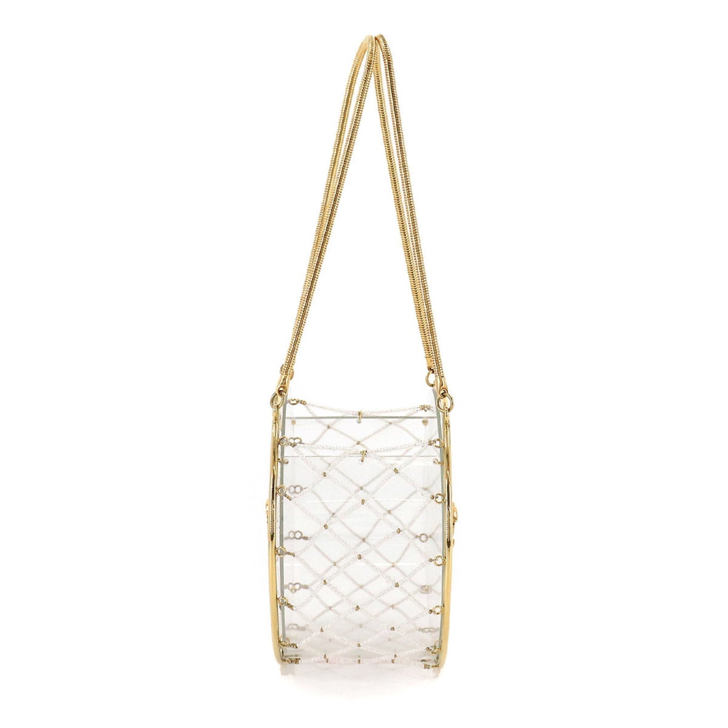 Chanel beads hand bag clear white gold metal fittings here mark