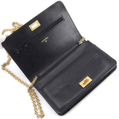 CHANEL 2.55 Chain Wallet Long Leather Black Gold Embossed Matelasse