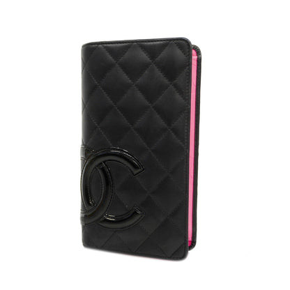 CHANEL Cambon Long Wallet Silver Metal Fittings Lambskin Black,Pink