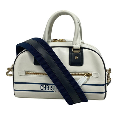 Christian Dior Navy White Leather Handbag ()