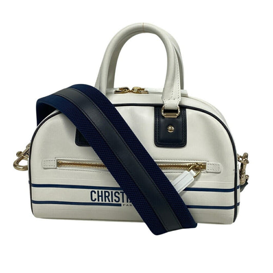 Christian Dior Navy White Leather Handbag ()