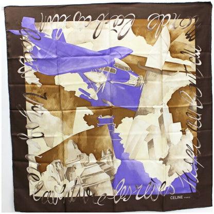 Celine Silk Scarf Muffler Airplane Pattern Brown x Blue  Women's