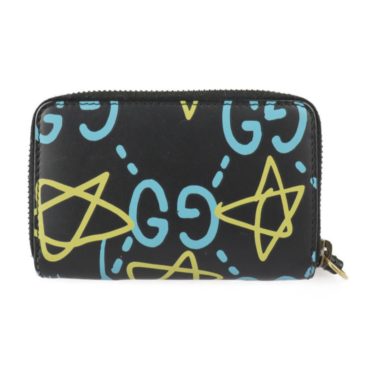 Gucci ghost coin case 448465 leather black light blue yellow gold metal fittings round fastener purse