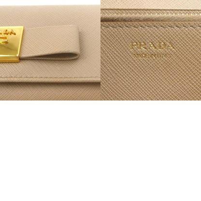 Prada long wallet ribbon leather beige gold ladies