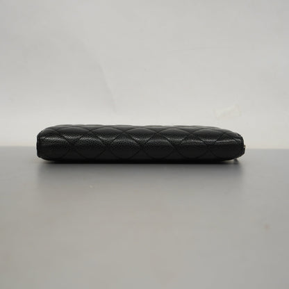 ChanelAuth  Matelasse Silver Metal Fittings Women's Caviar Leather Long Wallet
