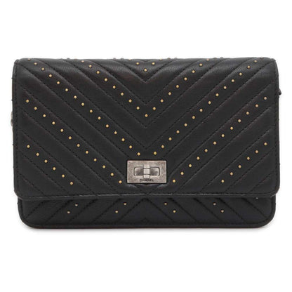 Chanel Chain Wallet 2.55 Chevron Studs V Stitch Lambskin CHANEL Black