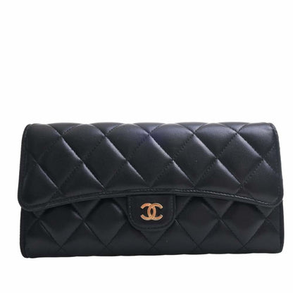 Chanel Lambskin Matelasse Coco Mark Bifold Long Wallet Black Ladies