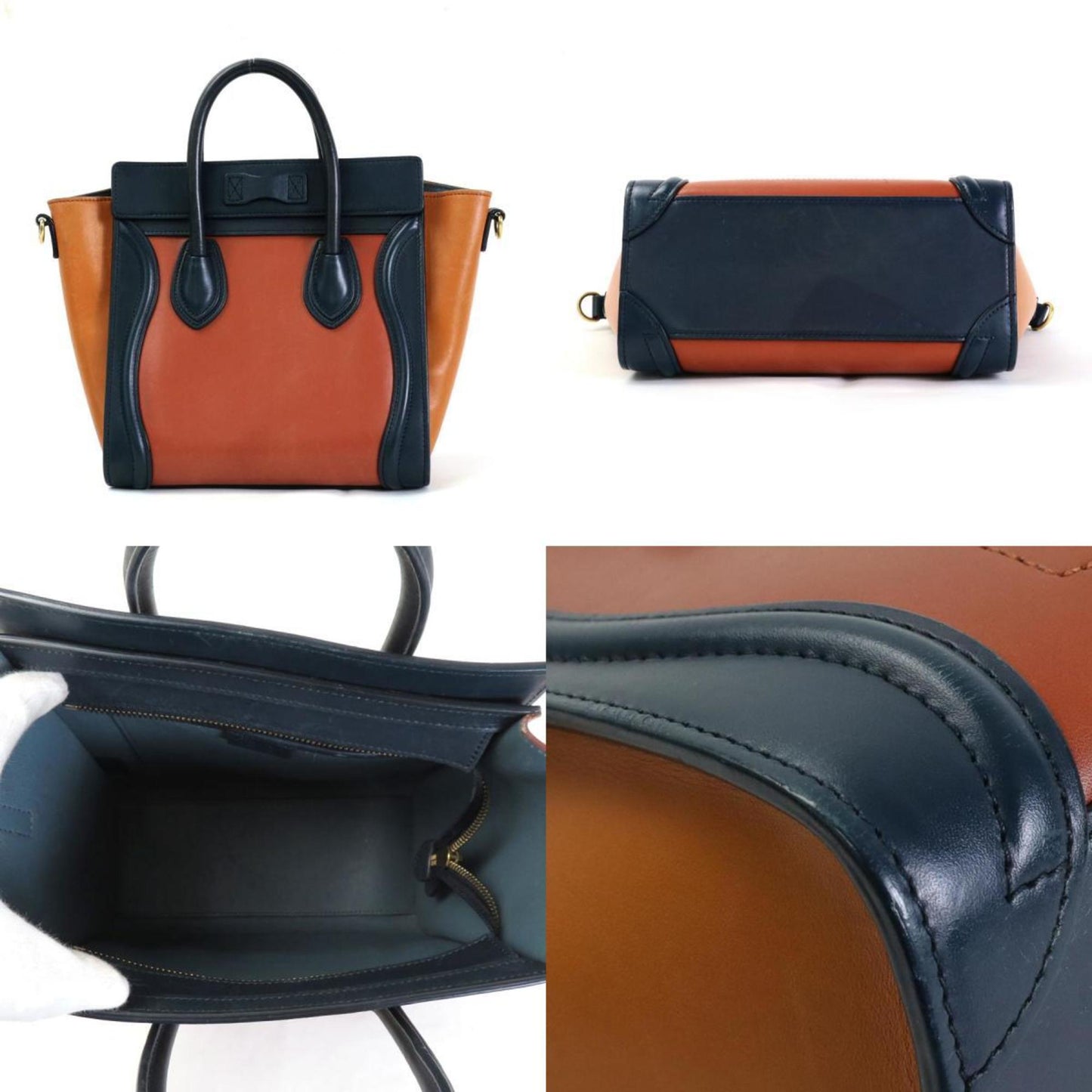 Celine handbag shoulder bag luggage nano leather navy/brown/orange gold ladies