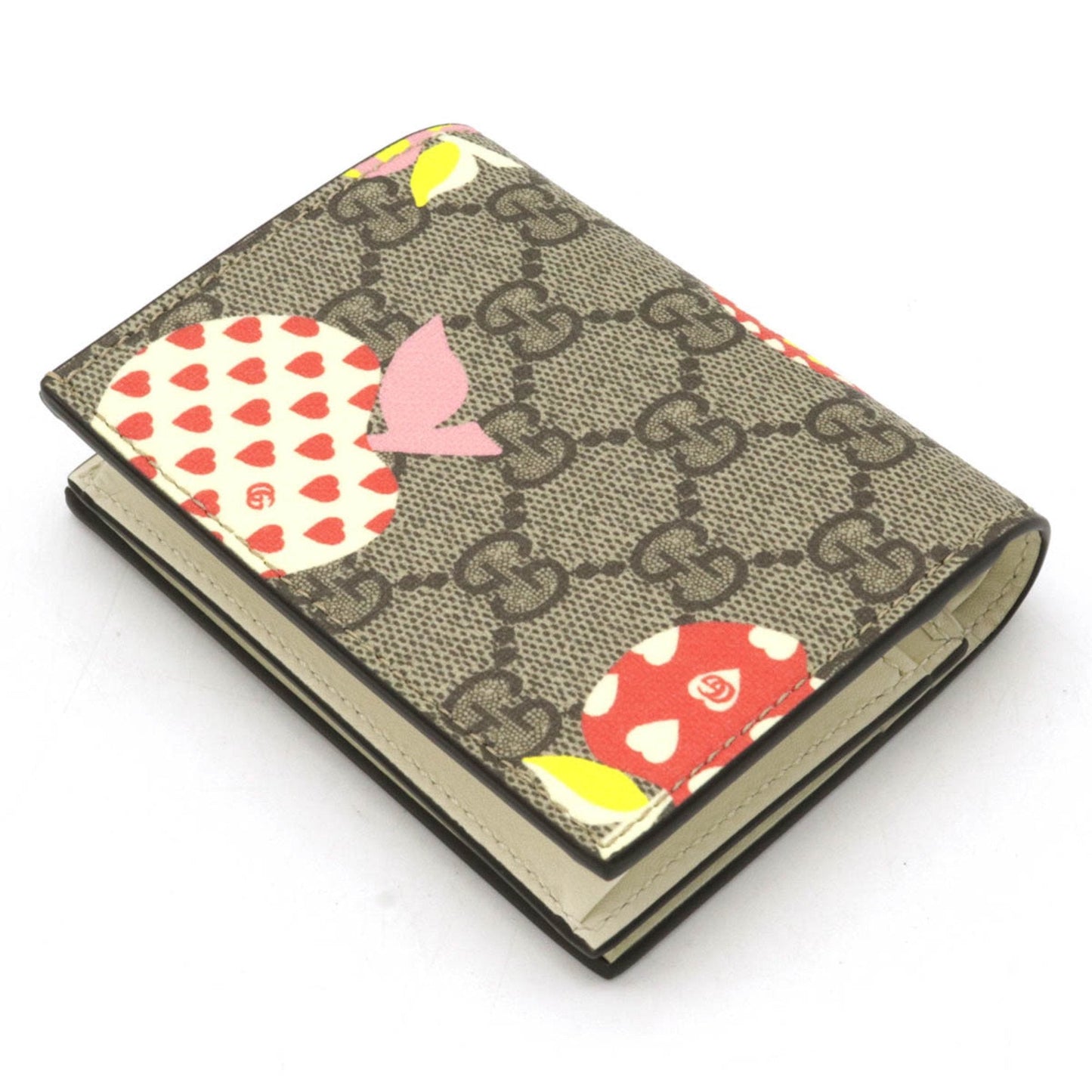 Gucci GG Supreme Les Pomme Compact Bifold Wallet Apple Heart PVC Beige Red Multicolor 663922