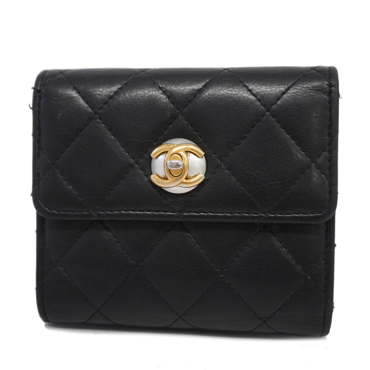 CHANEL Matelasse Tri-fold Wallet Gold Hardware Lambskin Wallet Black