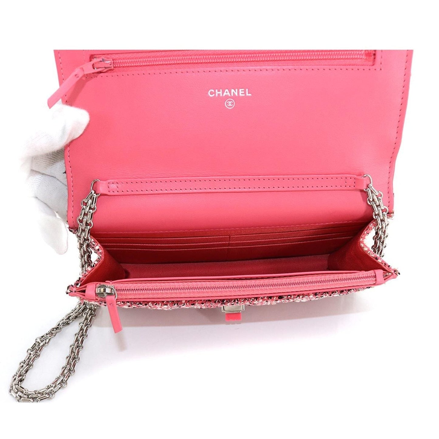 CHANEL 2.55 matelasse chain wallet long tweed multicolor silver metal fittings Chain Wallet