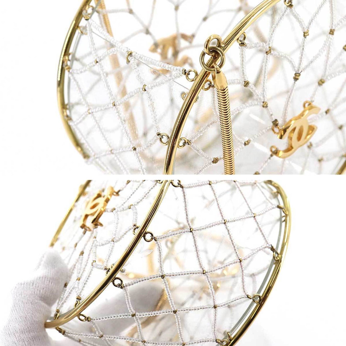 Chanel beads hand bag clear white gold metal fittings here mark