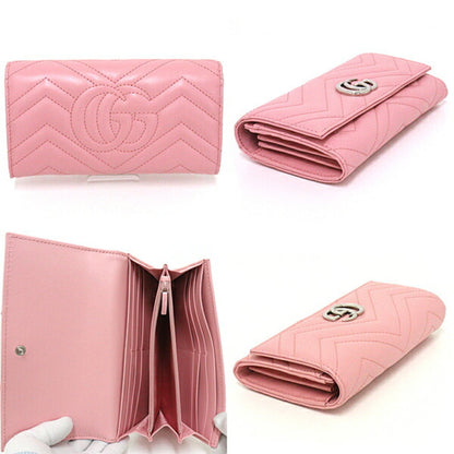 GUCCI GG Marmont Continental Wallet Bifold Long Double G Chevron Quilted Leather 443436 Pink Silver Hardware