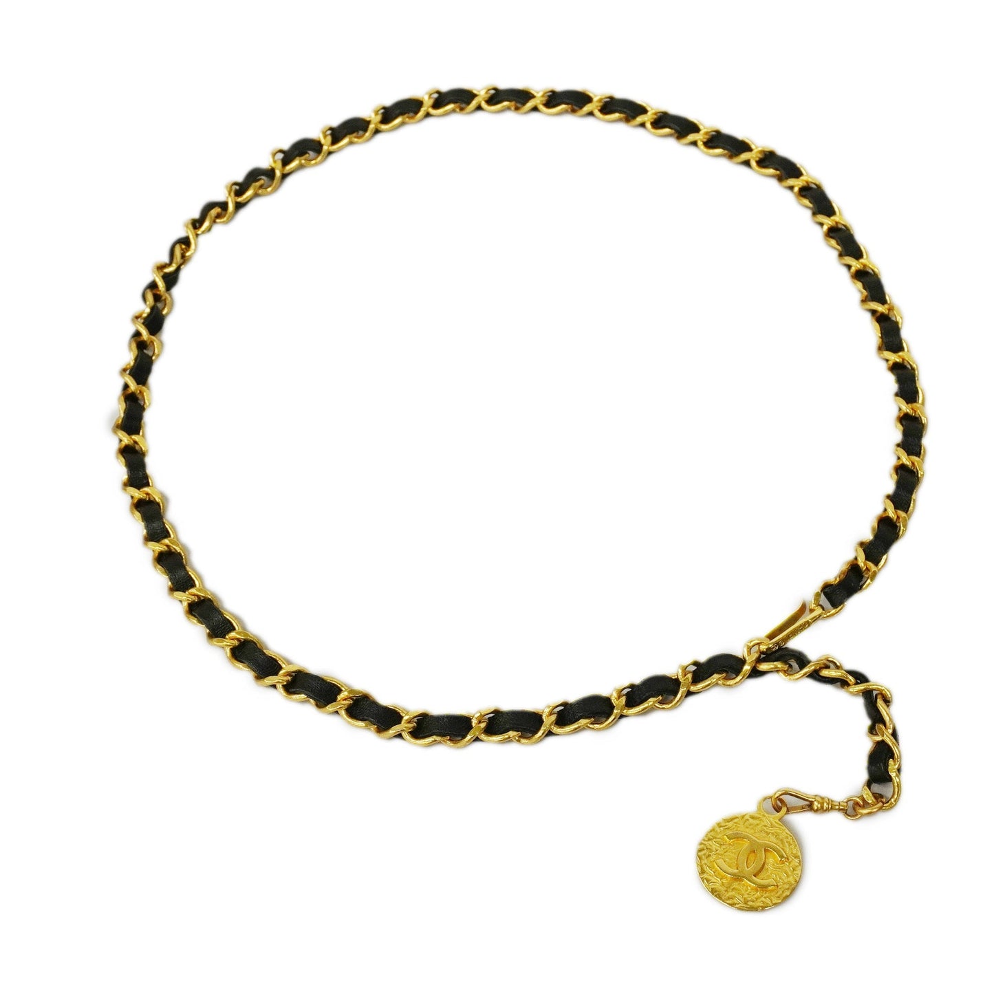 CHANEL  Belt Gold Metal Women's Leather Chain Belt Black