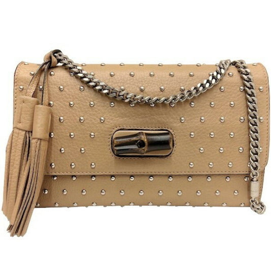 Gucci bamboo studs with fringe chain shoulder Bag ladies pink beige leather 387611