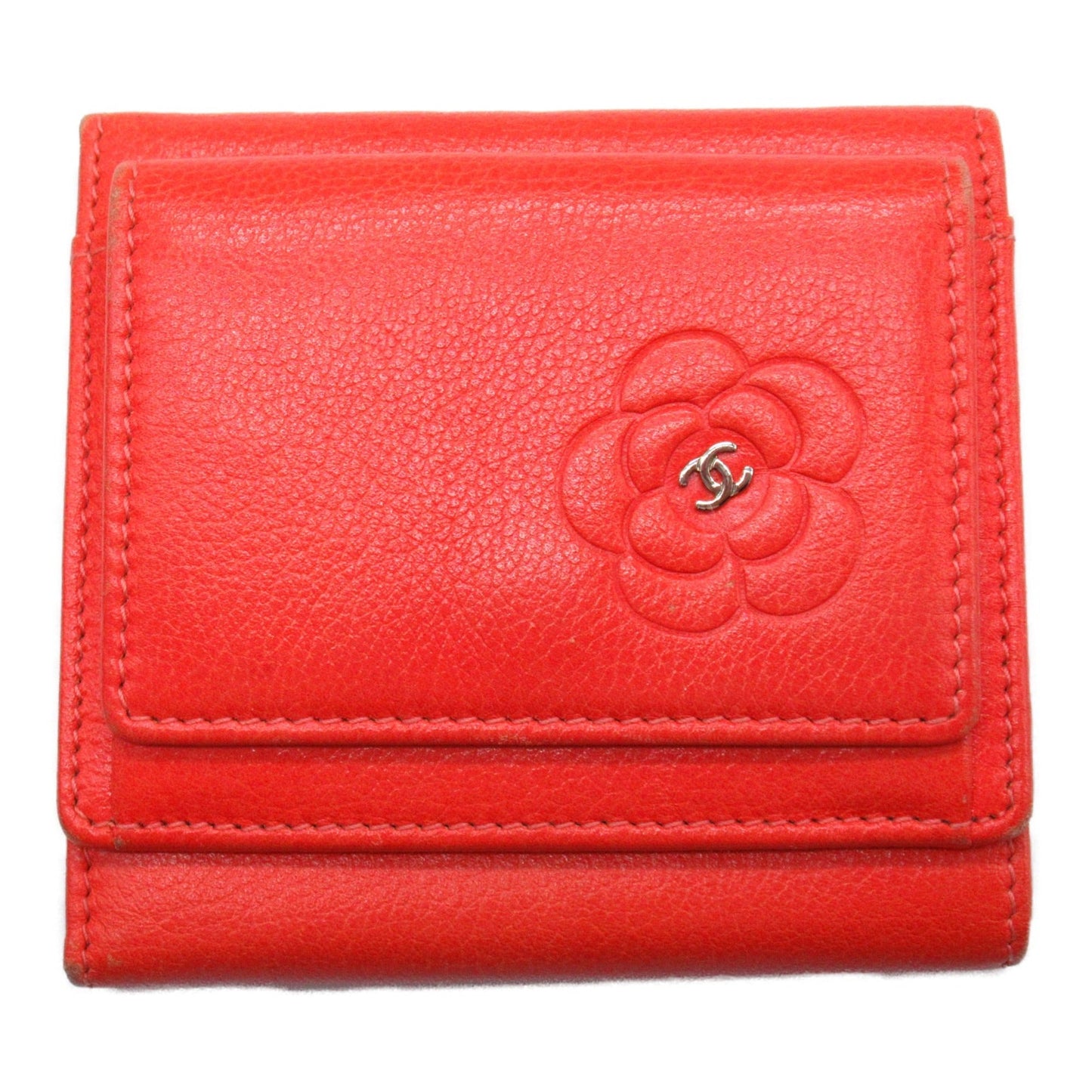 CHANEL Camellia Tri-fold Wallet Orange Calfskin (cowhide)