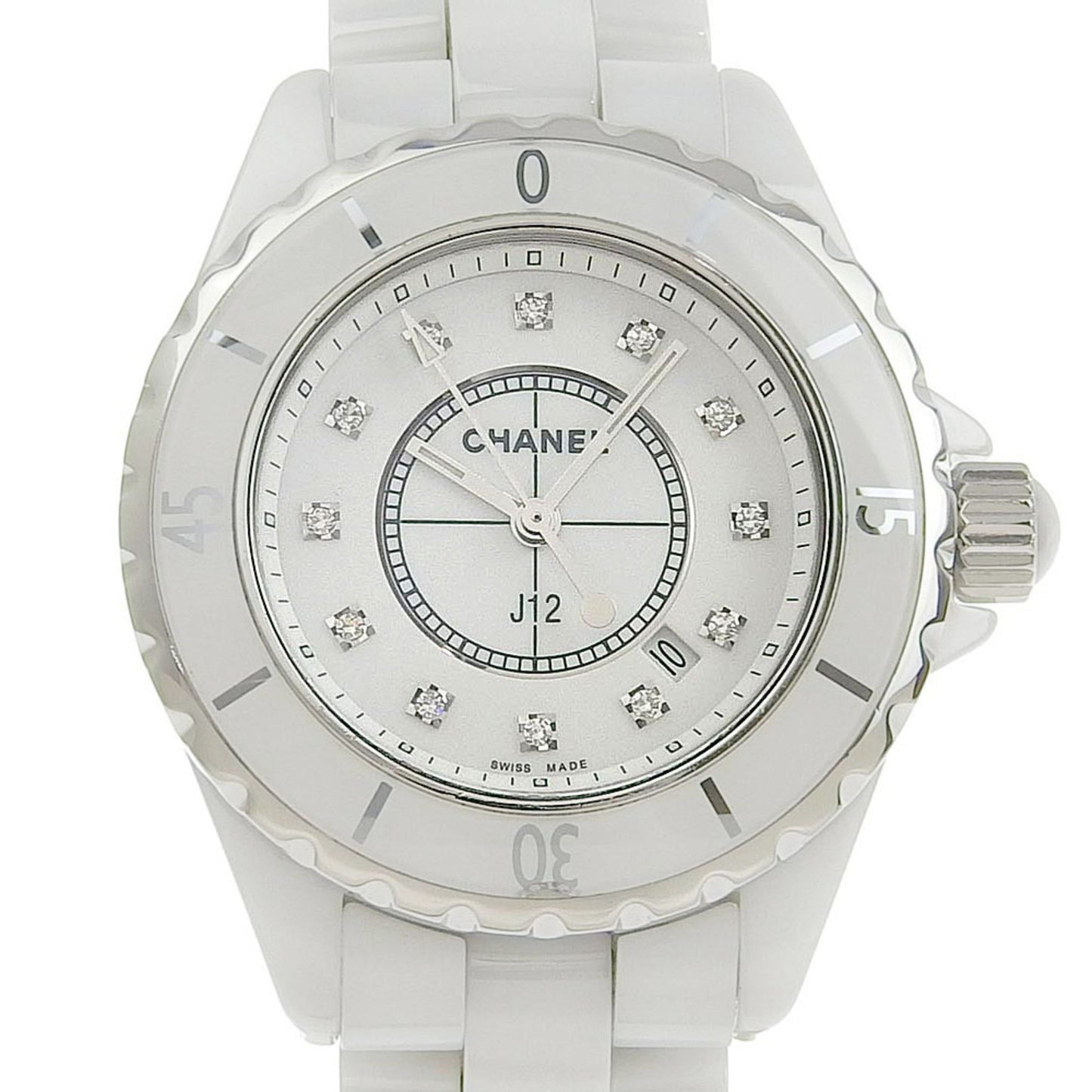 CHANEL J12 Watch 12P Diamond H1628 White Ceramic x Quartz Analog Display Ladies Dial