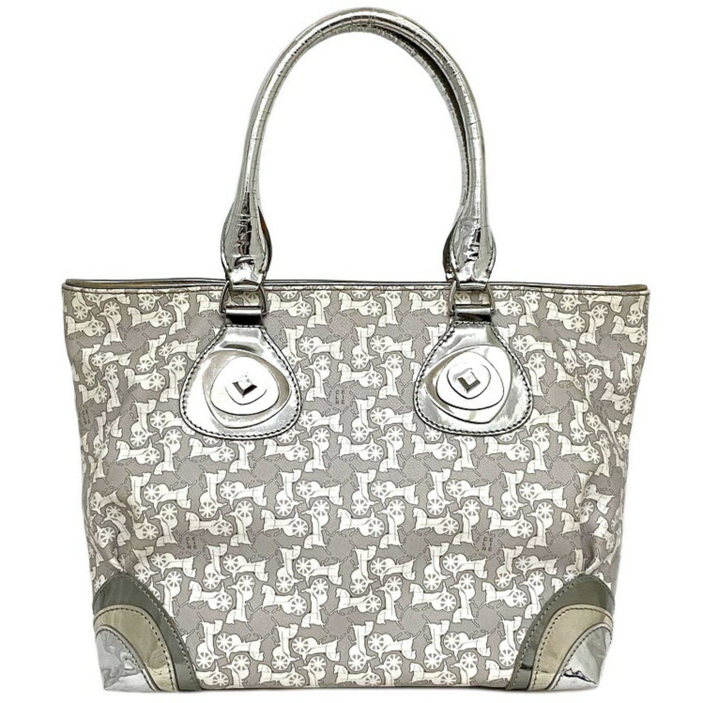 Celine Tote Bag Gray Silver White Salky PVC Leather Celine Carriage Horse Women's Metallic