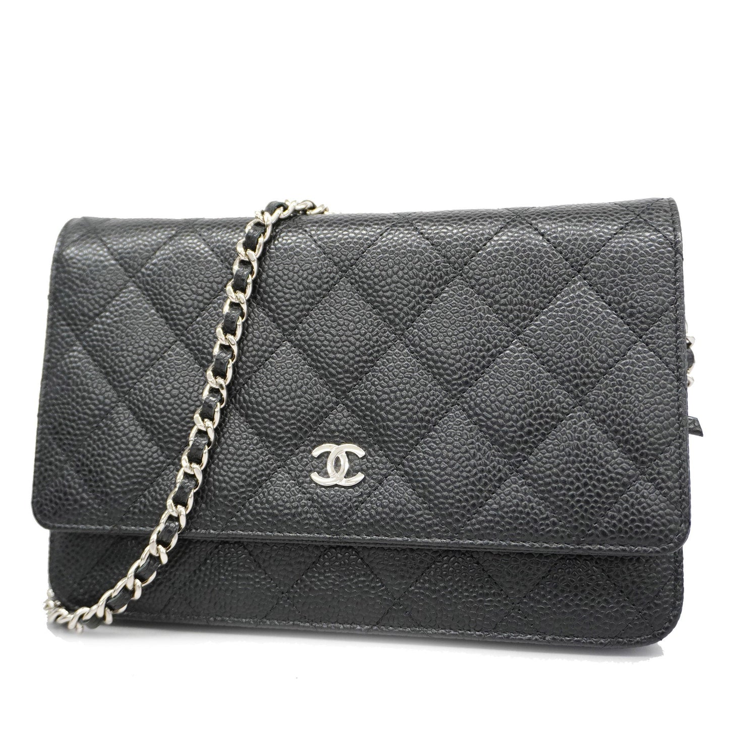 ChanelAuth  Matelasse Silver Hardware Caviar Leather Chain/Shoulder Wallet Black