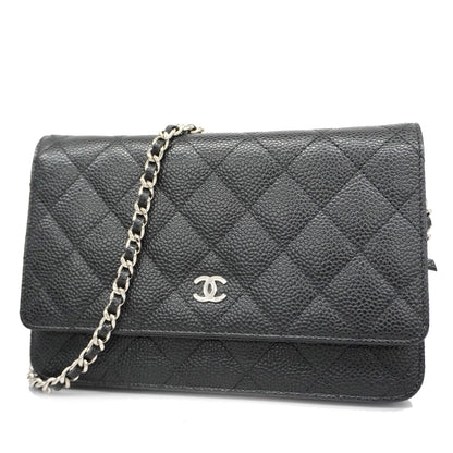 ChanelAuth  Matelasse Silver Hardware Caviar Leather Chain/Shoulder Wallet Black