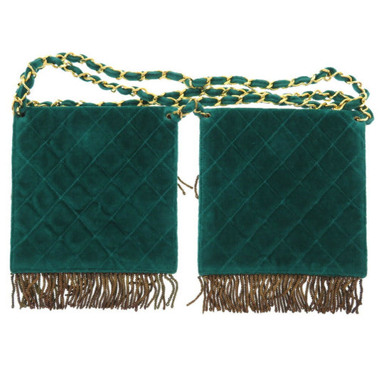 Chanel W Bag Velor Green Gold Chain Shoulder