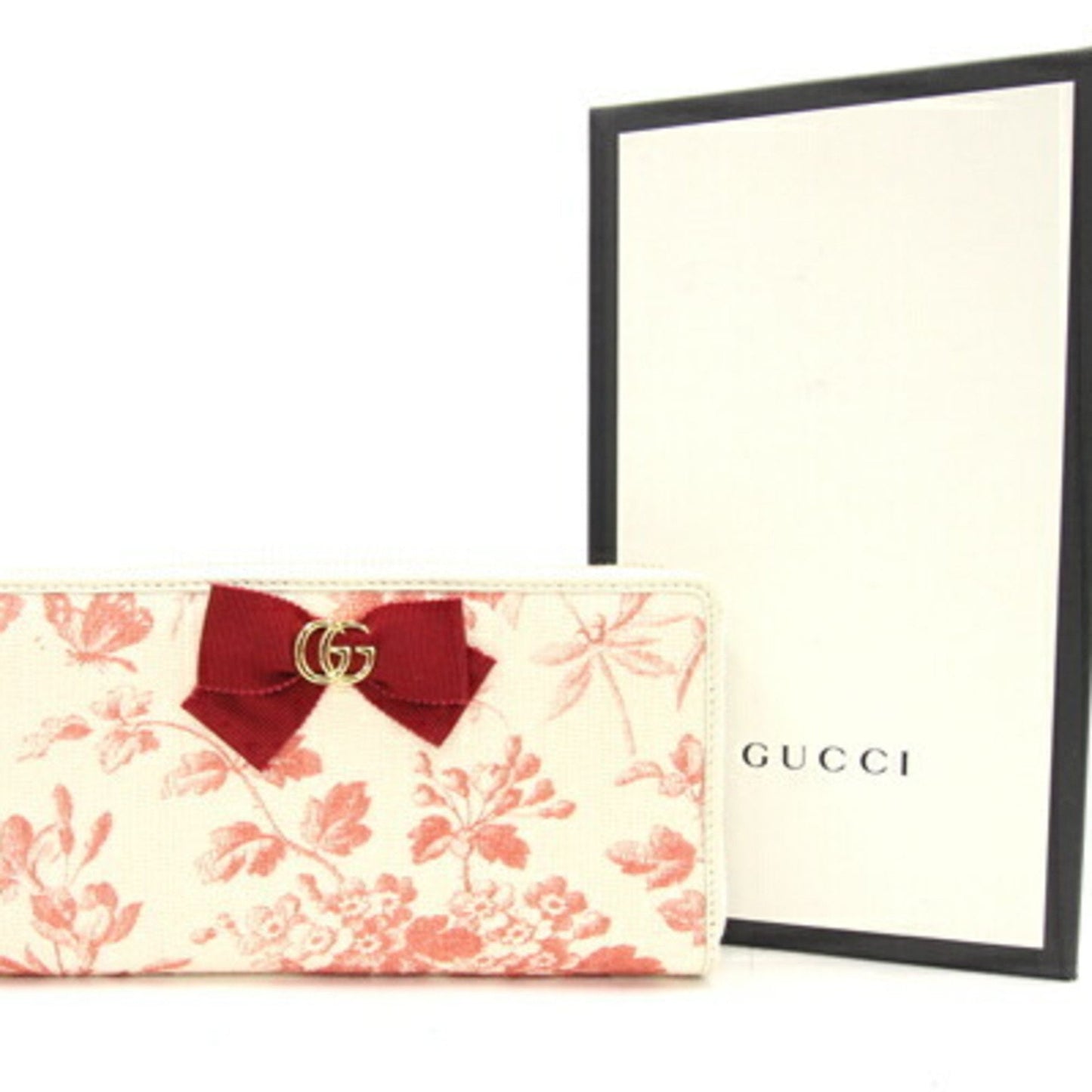 GUCCI Round Long Wallet GG Marmont Herbarium Zip Around 435819 White Red Canvas Leather Ribbon Women's