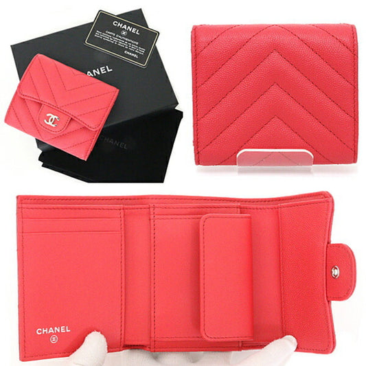 CHANEL V stitch small tri-fold wallet A81900 25s red