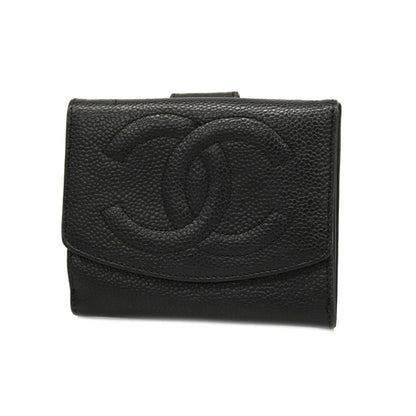 ChanelAuth  Gold Hardware Women's Caviar Leather Wallet [bi-fold] Black