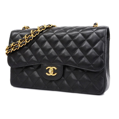 ChanelAuth  Big Matelasse W Flap W Chain Women's Leather Shoulder Bag Black