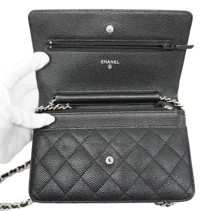 ChanelAuth  Matelasse Silver Hardware Caviar Leather Chain/Shoulder Wallet Black