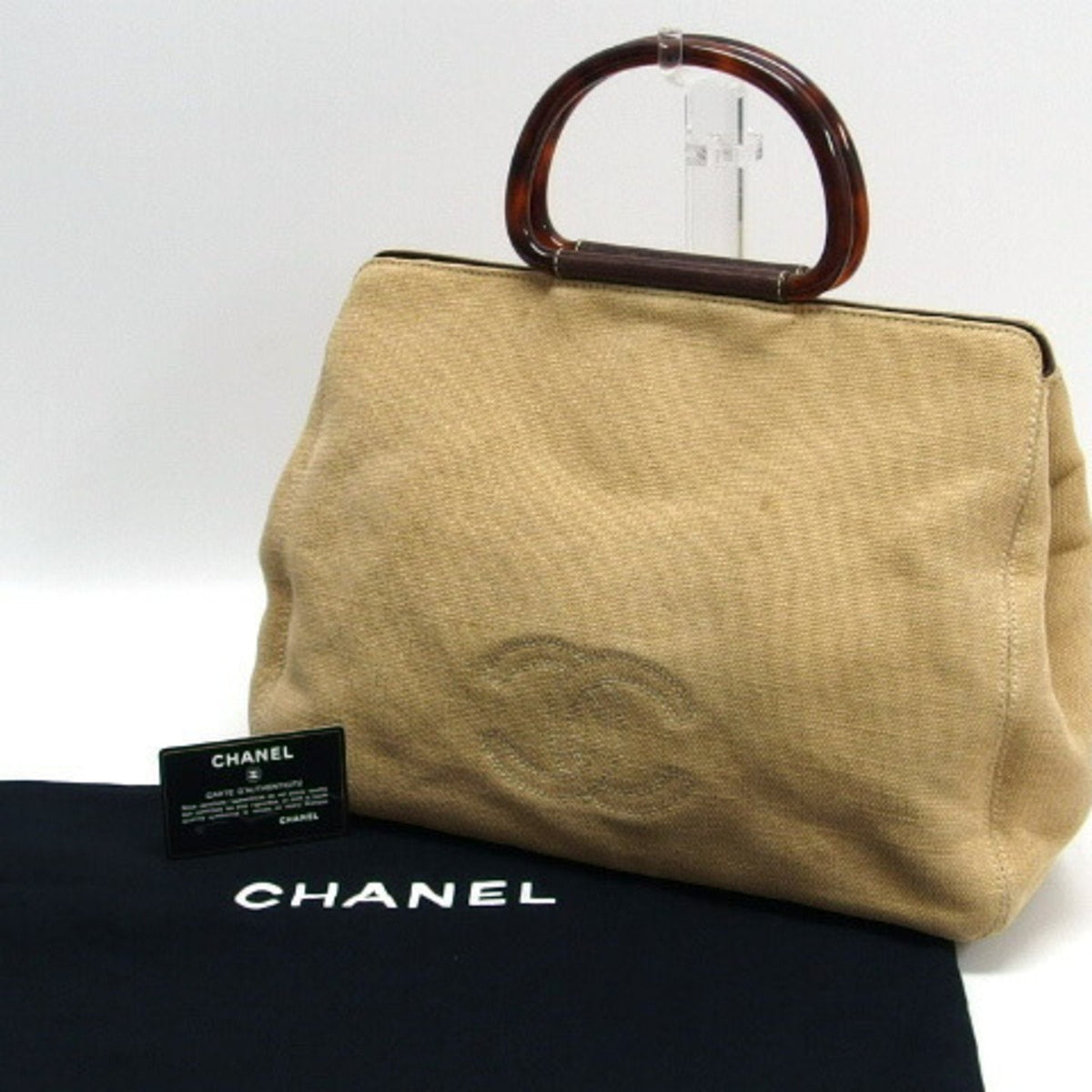 Chanel Tortoiseshell Handle Canvas Tote Coco Mark Beige