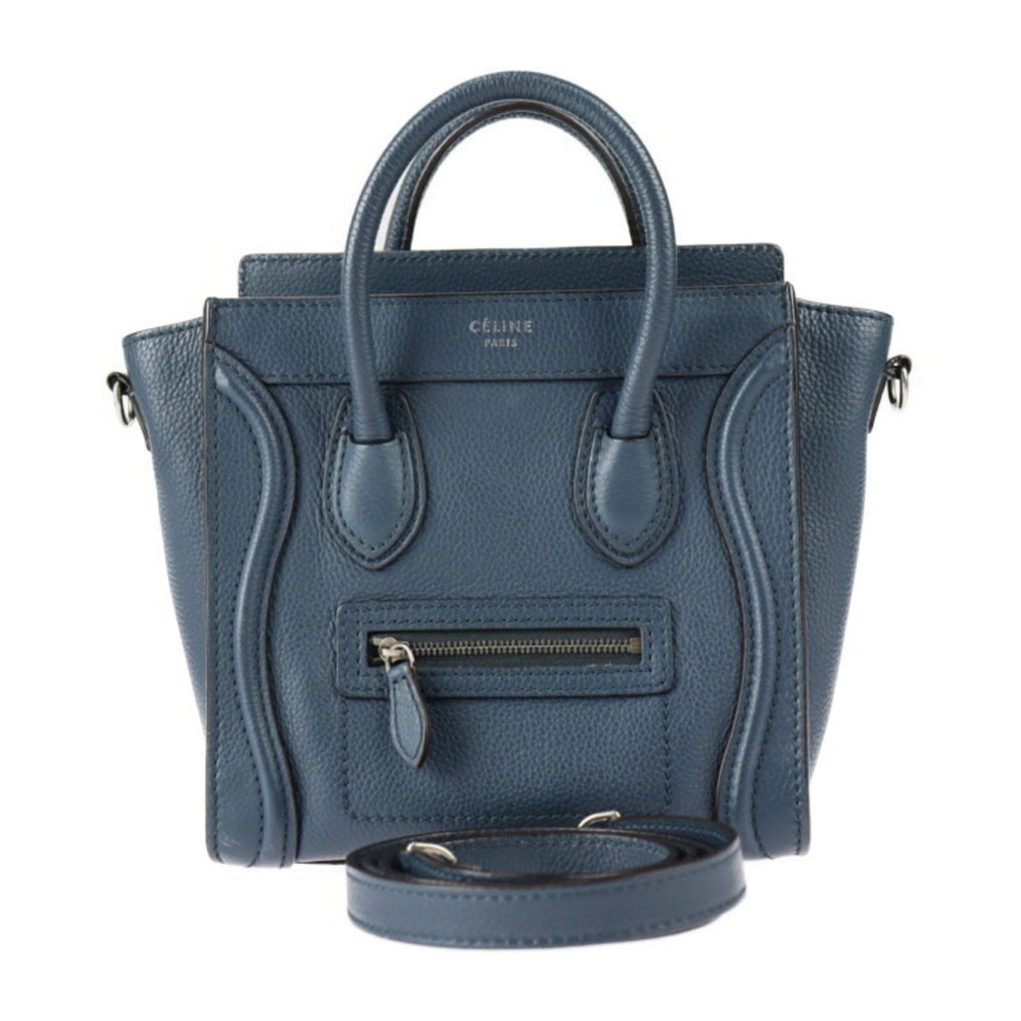 Celine Luggage Nano Shopper Handbag 168243 Leather Navy Silver Hardware 2WAY Shoulder Bag