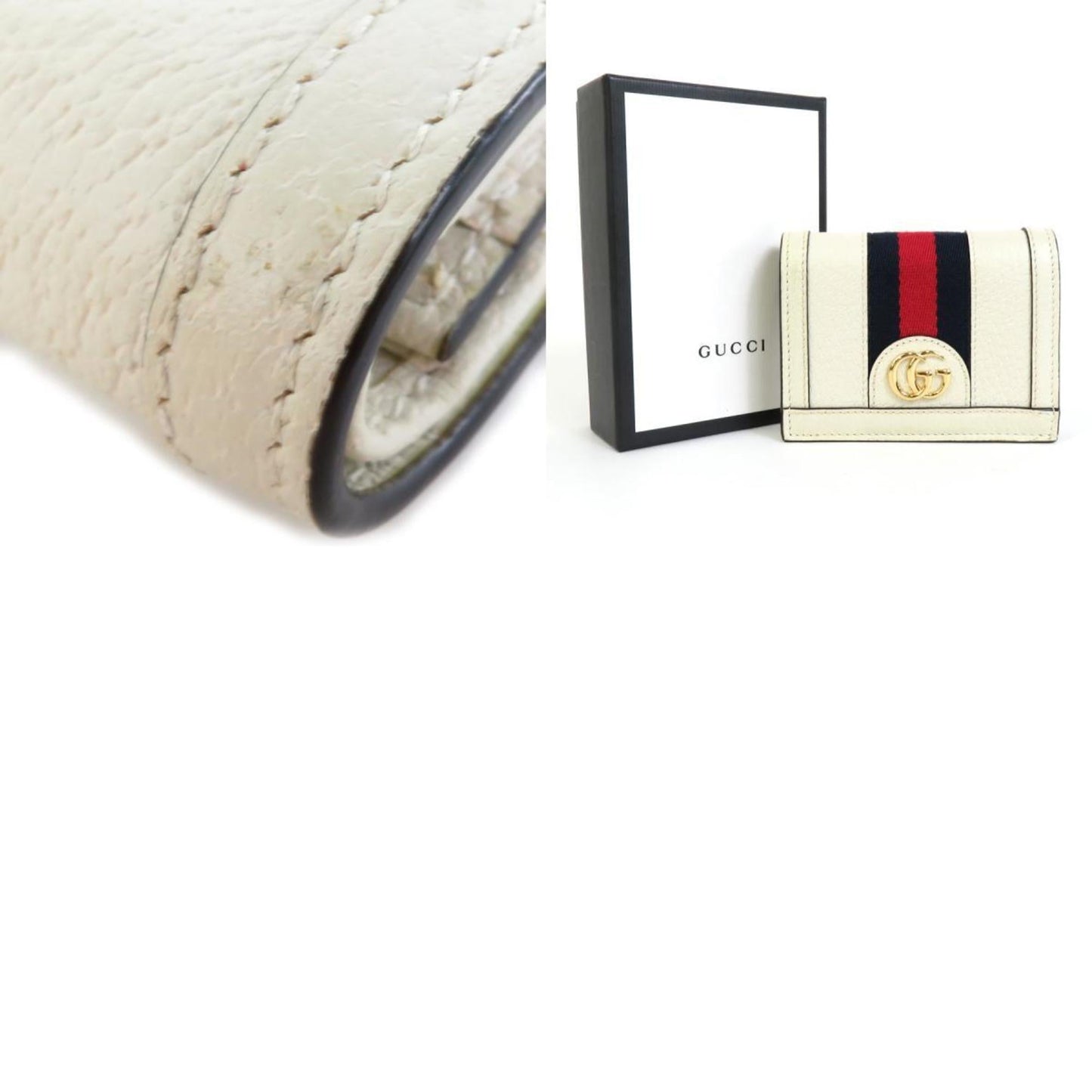 GUCCI Folio Wallet GG Marmont Leather/Canvas Off-White/Navy/Red Gold Unisex 523155